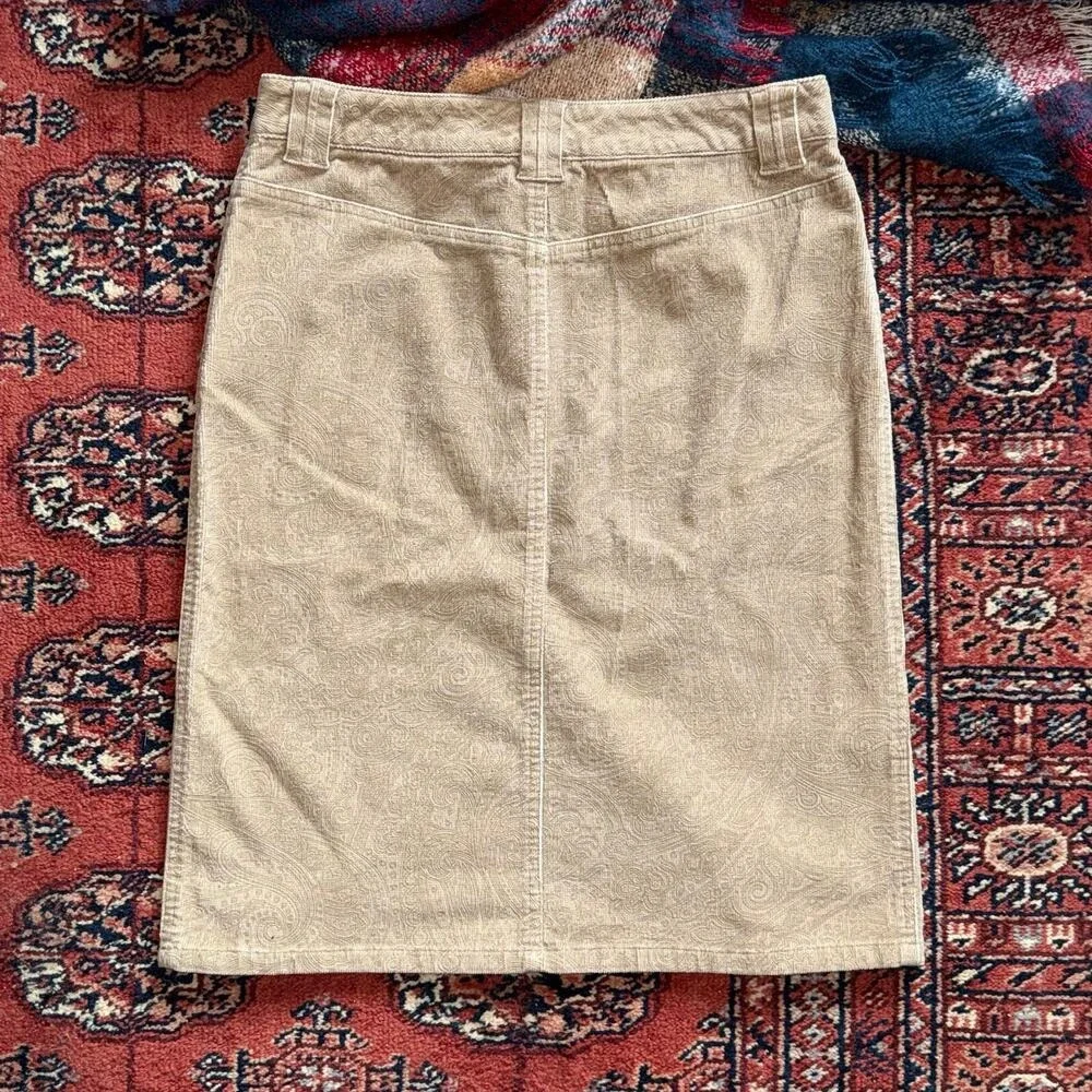 Express Tan Corduroy Paisley Pattern‎ Jeans Style Pencil Skirt Center Split